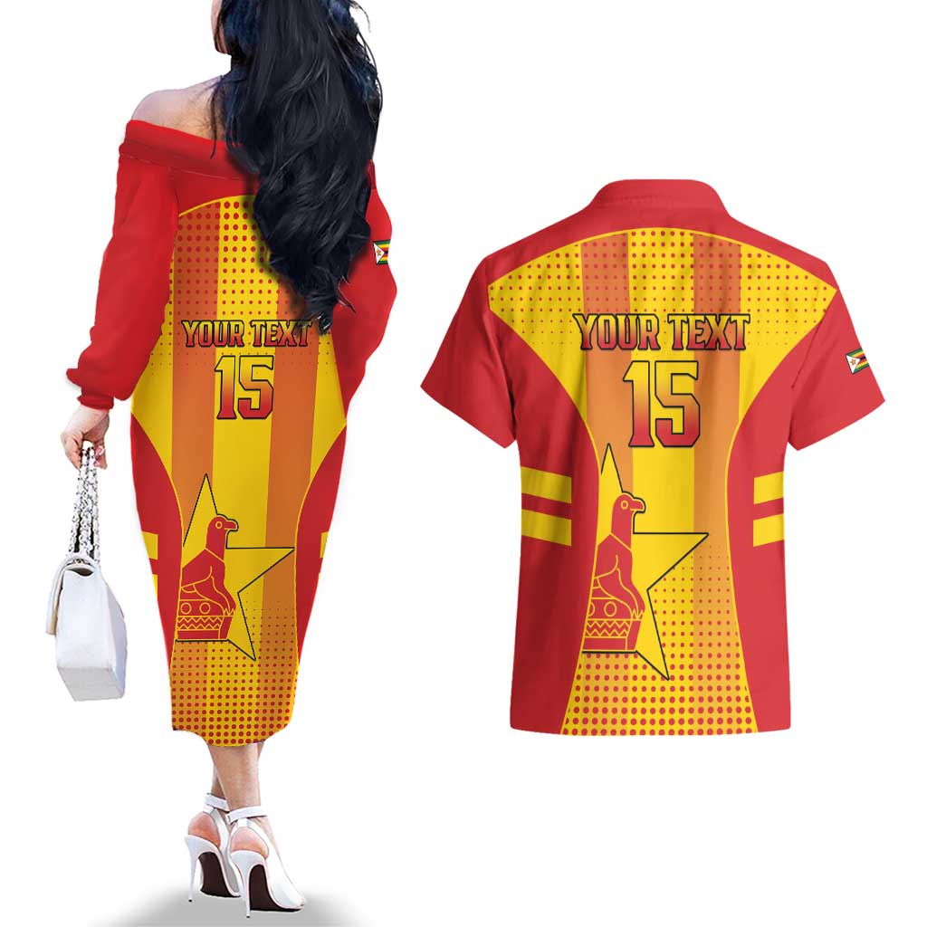 Custom Zimbabwe Cricket Couples Matching Off The Shoulder Long Sleeve Dress and Hawaiian Shirt Go Champions - Wonder Print Shop