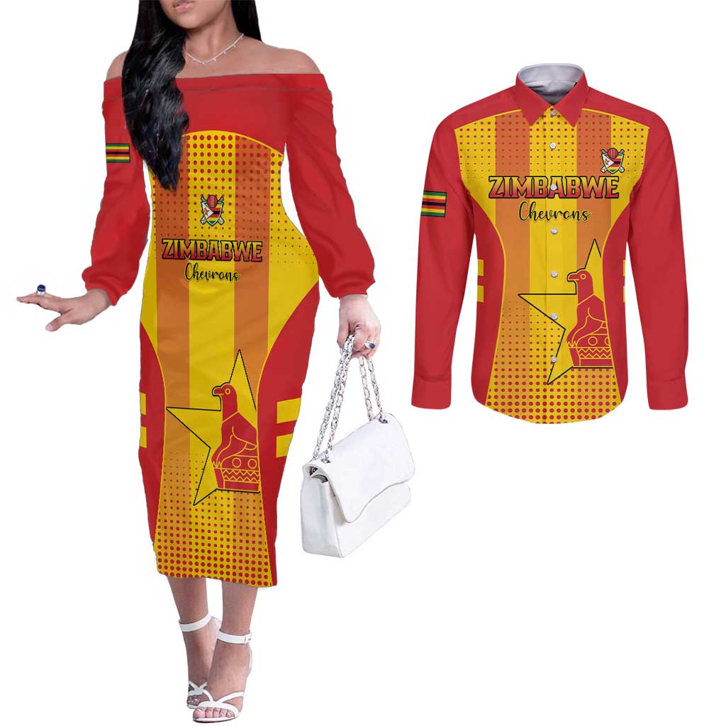 Custom Zimbabwe Cricket Couples Matching Off The Shoulder Long Sleeve Dress and Long Sleeve Button Shirt Go Champions - Wonder Print Shop