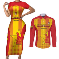 Custom Zimbabwe Cricket Couples Matching Short Sleeve Bodycon Dress and Long Sleeve Button Shirt Go Champions - Wonder Print Shop