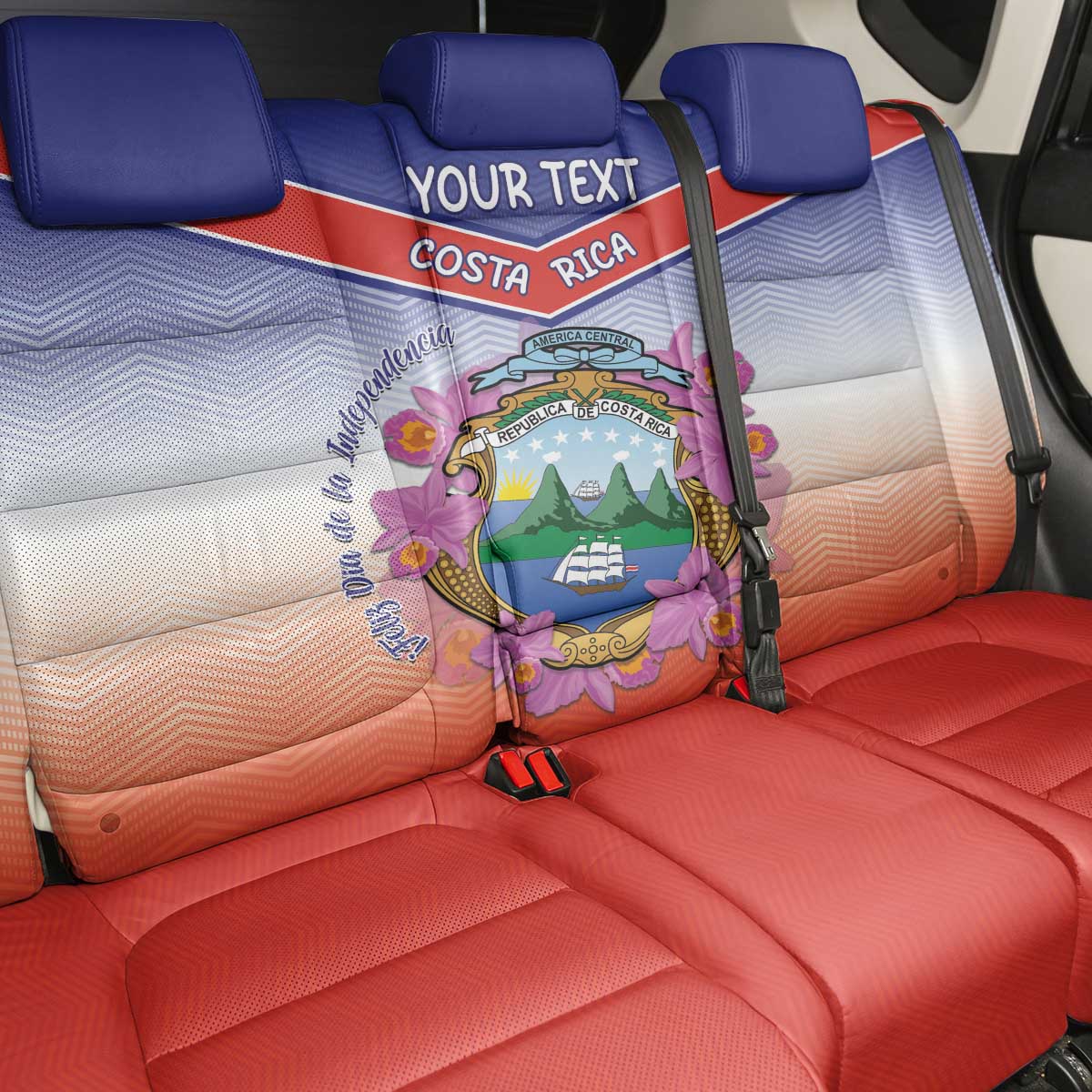 Personalized Costa Rica Independence Day Back Car Seat Cover Coat Of Arms With Purple Guaria Morada Orchid - Wonder Print Shop