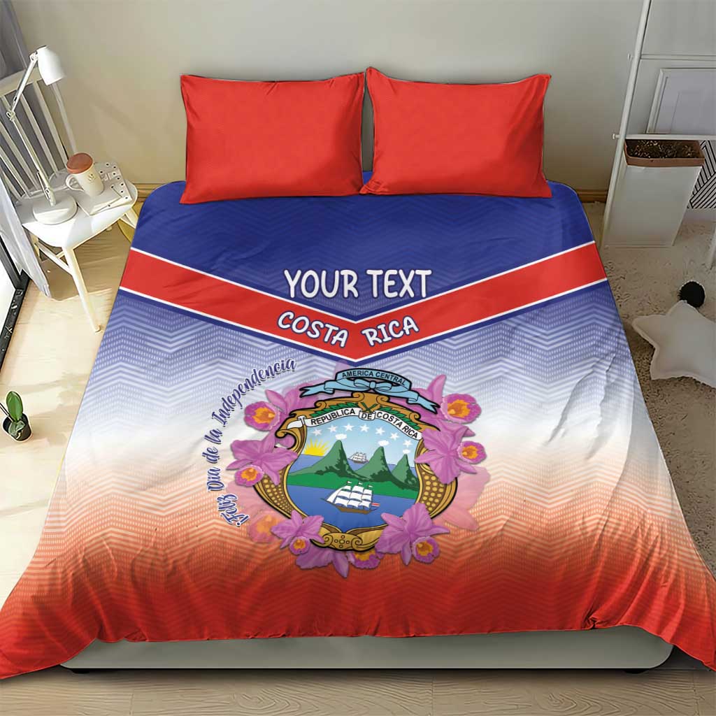 Personalized Costa Rica Independence Day Bedding Set Coat Of Arms With Purple Guaria Morada Orchid - Wonder Print Shop