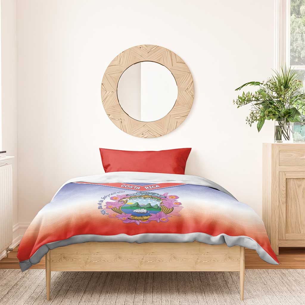 Personalized Costa Rica Independence Day Bedding Set Coat Of Arms With Purple Guaria Morada Orchid - Wonder Print Shop