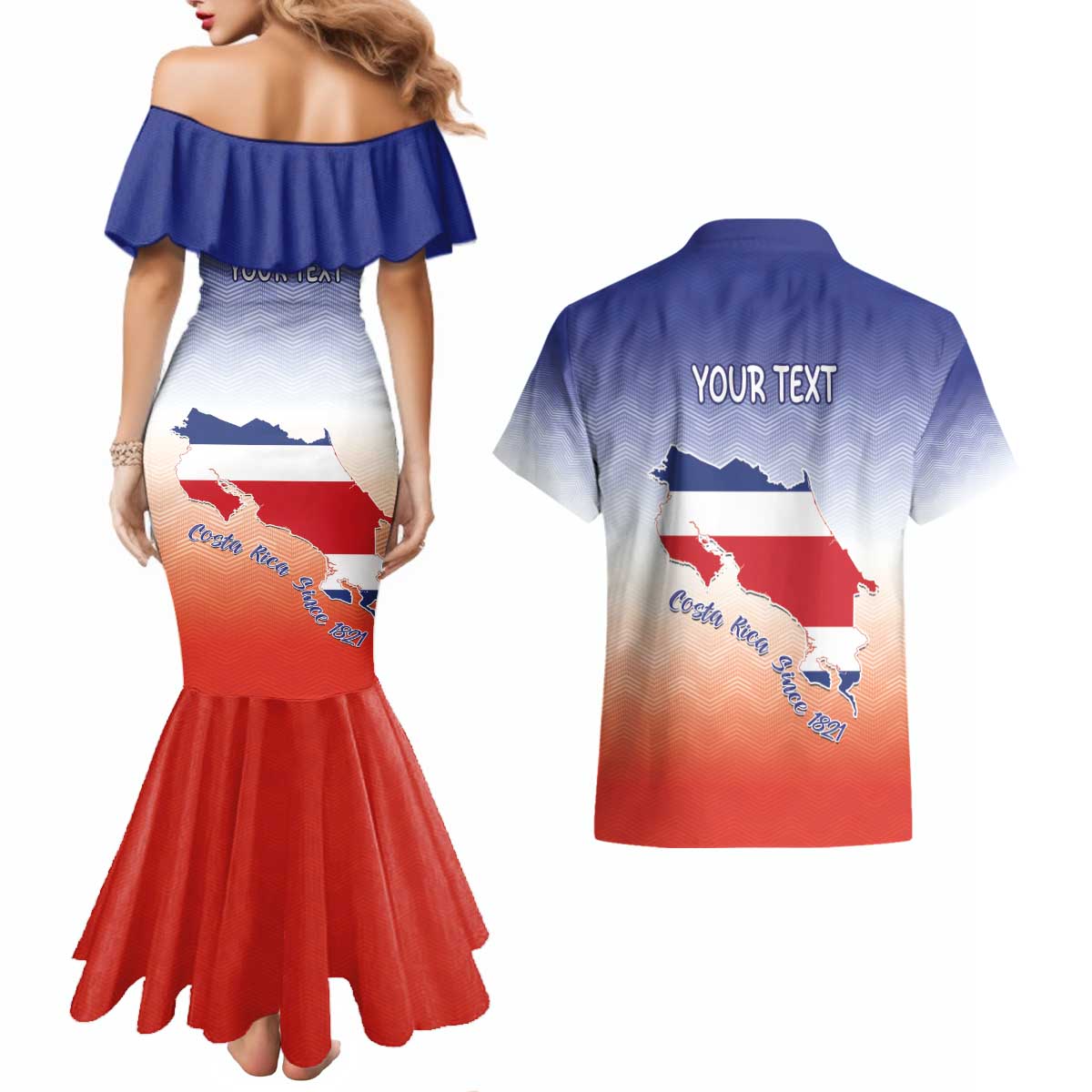 Personalized Costa Rica Independence Day Couples Matching Mermaid Dress and Hawaiian Shirt Coat Of Arms With Purple Guaria Morada Orchid - Wonder Print Shop
