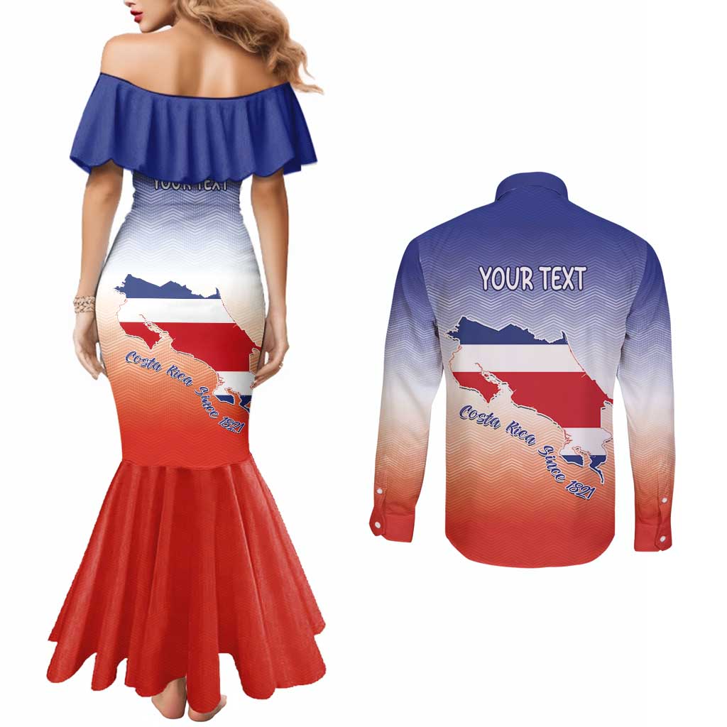 Personalized Costa Rica Independence Day Couples Matching Mermaid Dress and Long Sleeve Button Shirt Coat Of Arms With Purple Guaria Morada Orchid