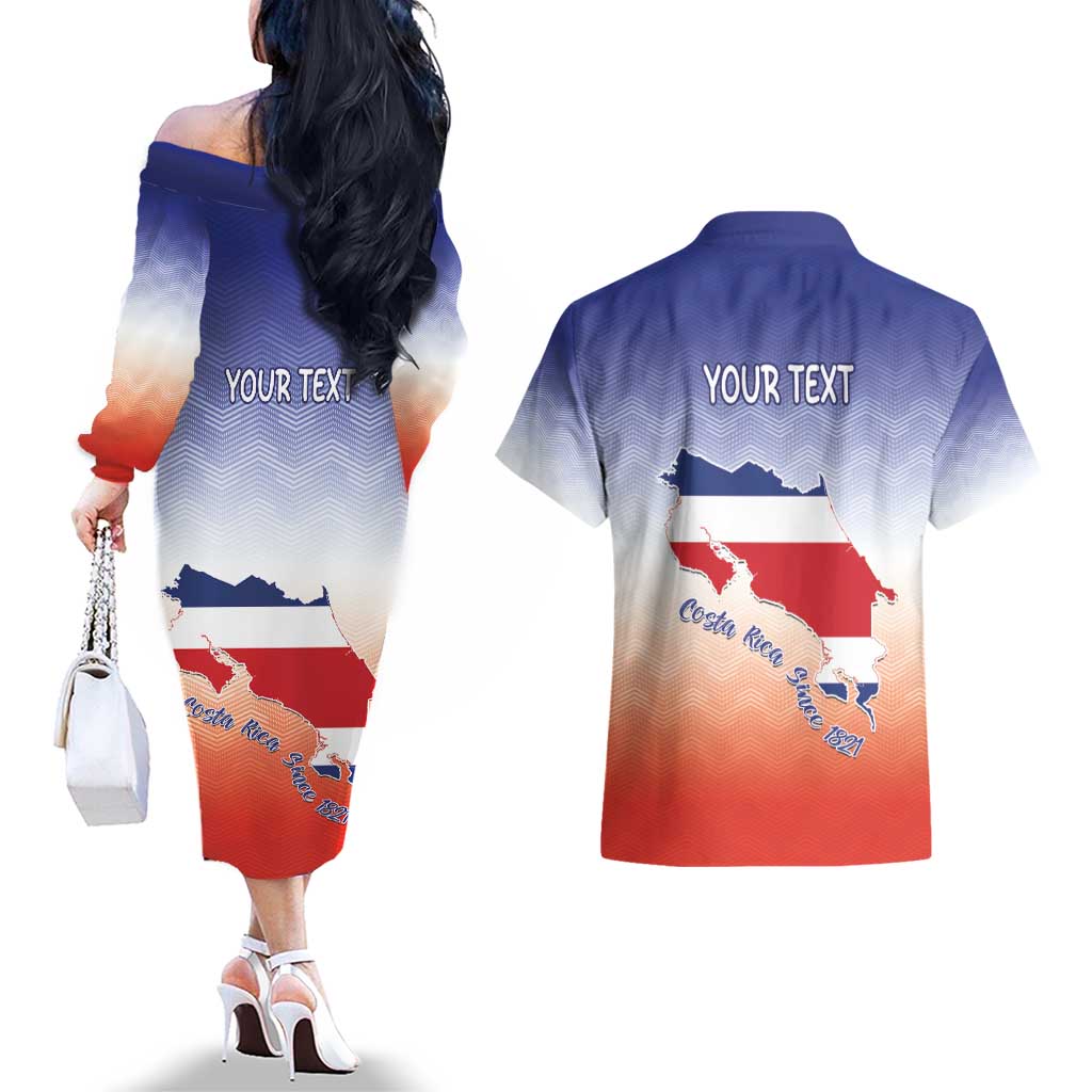 Personalized Costa Rica Independence Day Couples Matching Off The Shoulder Long Sleeve Dress and Hawaiian Shirt Coat Of Arms With Purple Guaria Morada Orchid - Wonder Print Shop