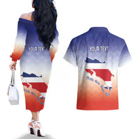 Personalized Costa Rica Independence Day Couples Matching Off The Shoulder Long Sleeve Dress and Hawaiian Shirt Coat Of Arms With Purple Guaria Morada Orchid - Wonder Print Shop