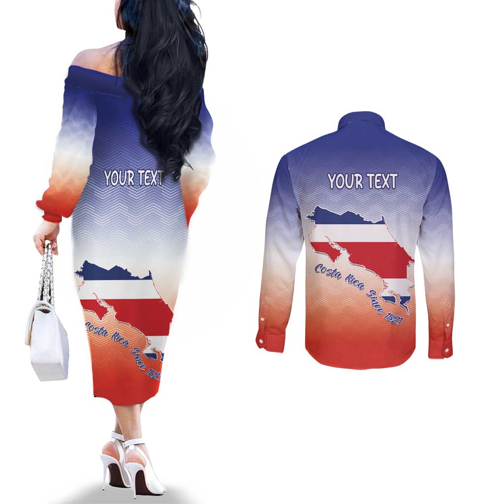 Personalized Costa Rica Independence Day Couples Matching Off The Shoulder Long Sleeve Dress and Long Sleeve Button Shirt Coat Of Arms With Purple Guaria Morada Orchid