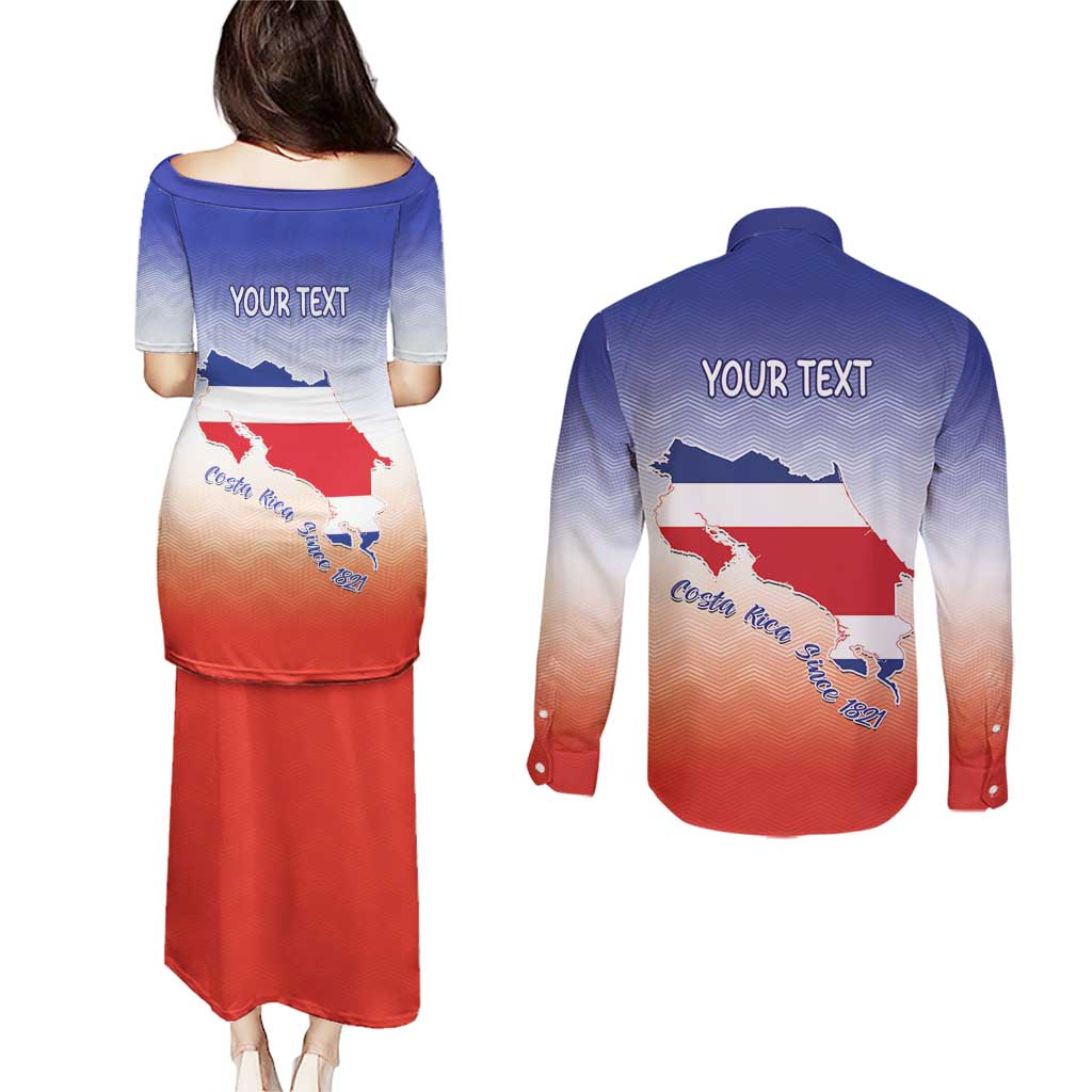 Personalized Costa Rica Independence Day Couples Matching Puletasi and Long Sleeve Button Shirt Coat Of Arms With Purple Guaria Morada Orchid - Wonder Print Shop