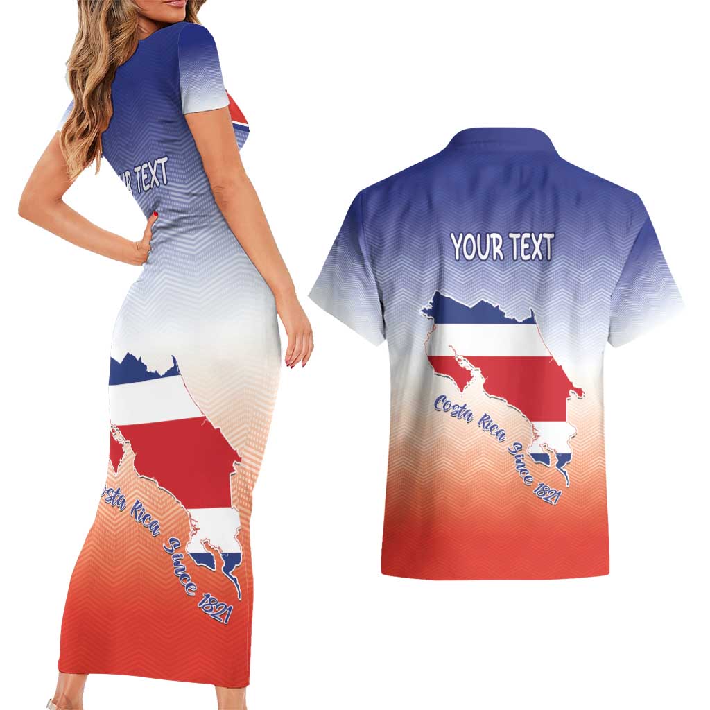 Personalized Costa Rica Independence Day Couples Matching Short Sleeve Bodycon Dress and Hawaiian Shirt Coat Of Arms With Purple Guaria Morada Orchid - Wonder Print Shop