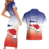 Personalized Costa Rica Independence Day Couples Matching Short Sleeve Bodycon Dress and Hawaiian Shirt Coat Of Arms With Purple Guaria Morada Orchid - Wonder Print Shop
