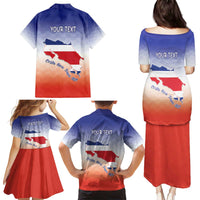 Personalized Costa Rica Independence Day Family Matching Puletasi and Hawaiian Shirt Coat Of Arms With Purple Guaria Morada Orchid - Wonder Print Shop