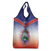 Personalized Costa Rica Independence Day Grocery Bag Coat Of Arms With Purple Guaria Morada Orchid