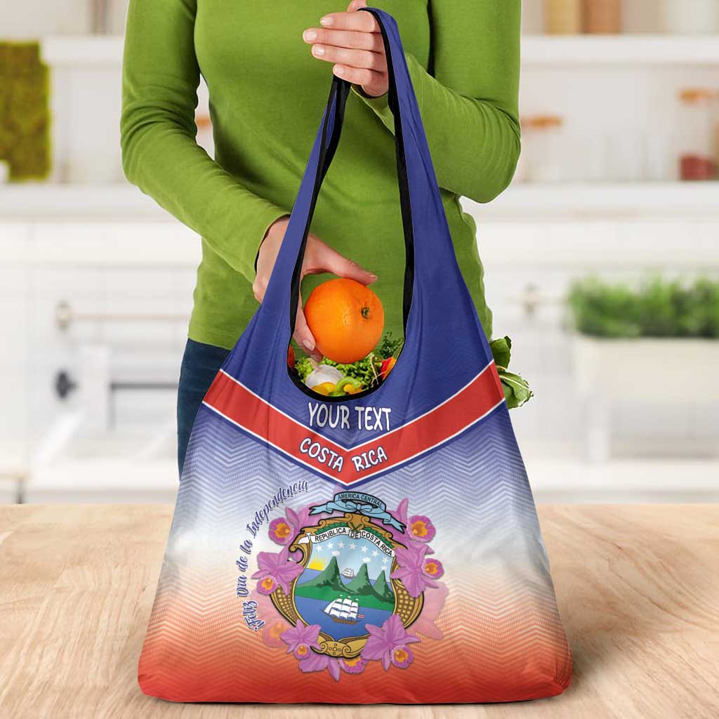 Personalized Costa Rica Independence Day Grocery Bag Coat Of Arms With Purple Guaria Morada Orchid
