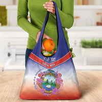Personalized Costa Rica Independence Day Grocery Bag Coat Of Arms With Purple Guaria Morada Orchid