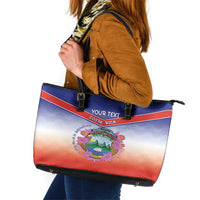 Personalized Costa Rica Independence Day Leather Tote Bag Coat Of Arms With Purple Guaria Morada Orchid - Wonder Print Shop
