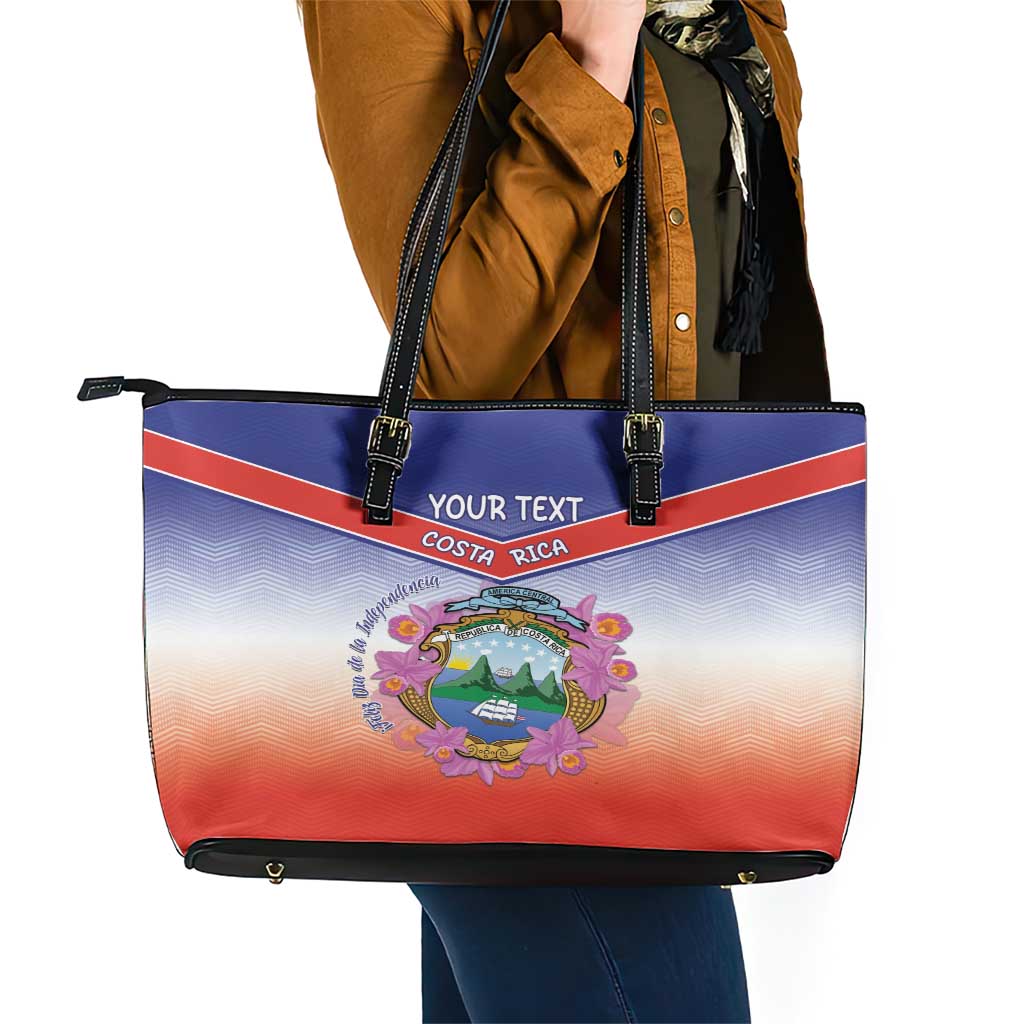 Personalized Costa Rica Independence Day Leather Tote Bag Coat Of Arms With Purple Guaria Morada Orchid - Wonder Print Shop