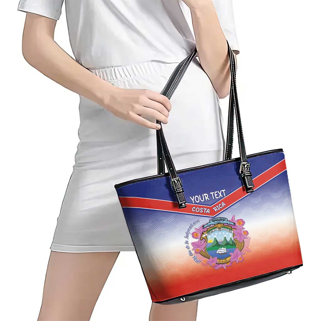 Personalized Costa Rica Independence Day Leather Tote Bag Coat Of Arms With Purple Guaria Morada Orchid - Wonder Print Shop
