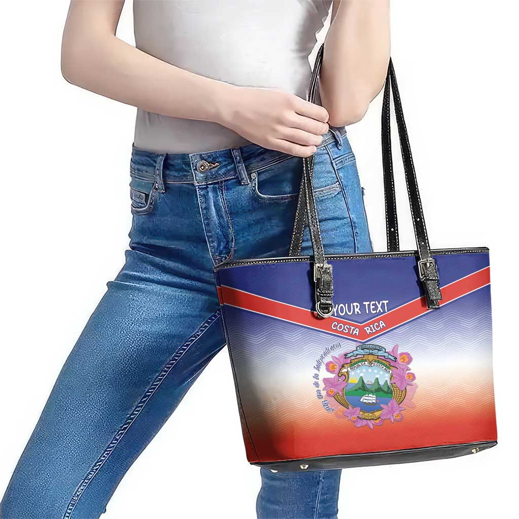 Personalized Costa Rica Independence Day Leather Tote Bag Coat Of Arms With Purple Guaria Morada Orchid - Wonder Print Shop