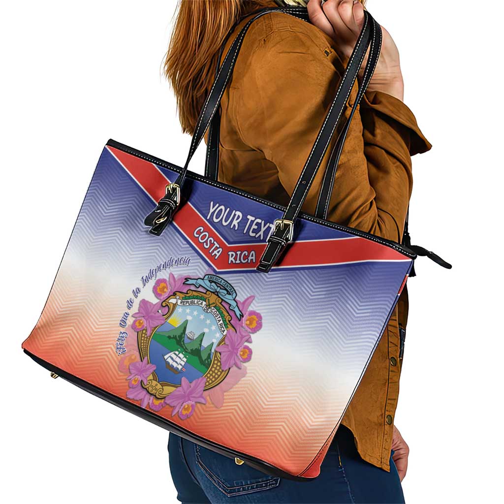 Personalized Costa Rica Independence Day Leather Tote Bag Coat Of Arms With Purple Guaria Morada Orchid - Wonder Print Shop