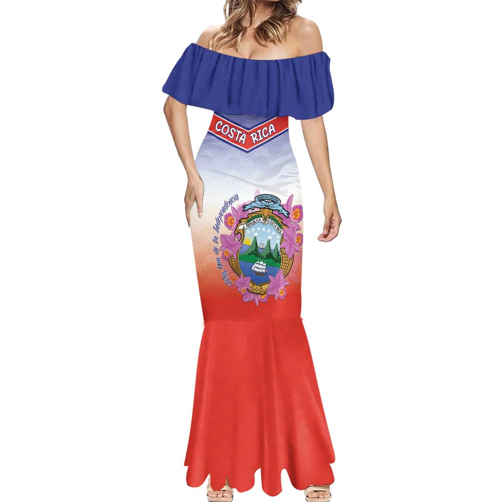 Personalized Costa Rica Independence Day Mermaid Dress Coat Of Arms With Purple Guaria Morada Orchid - Wonder Print Shop