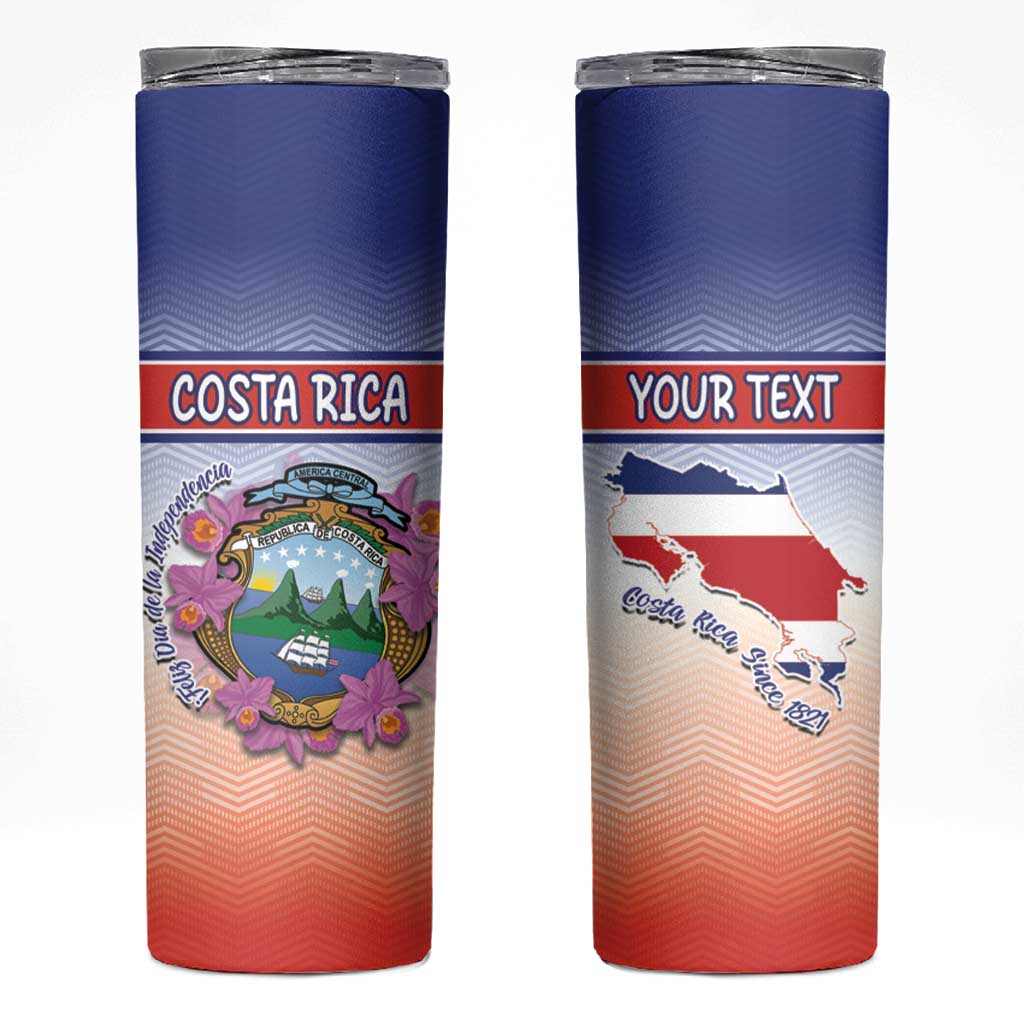 Personalized Costa Rica Independence Day Skinny Tumbler Coat Of Arms With Purple Guaria Morada Orchid - Wonder Print Shop