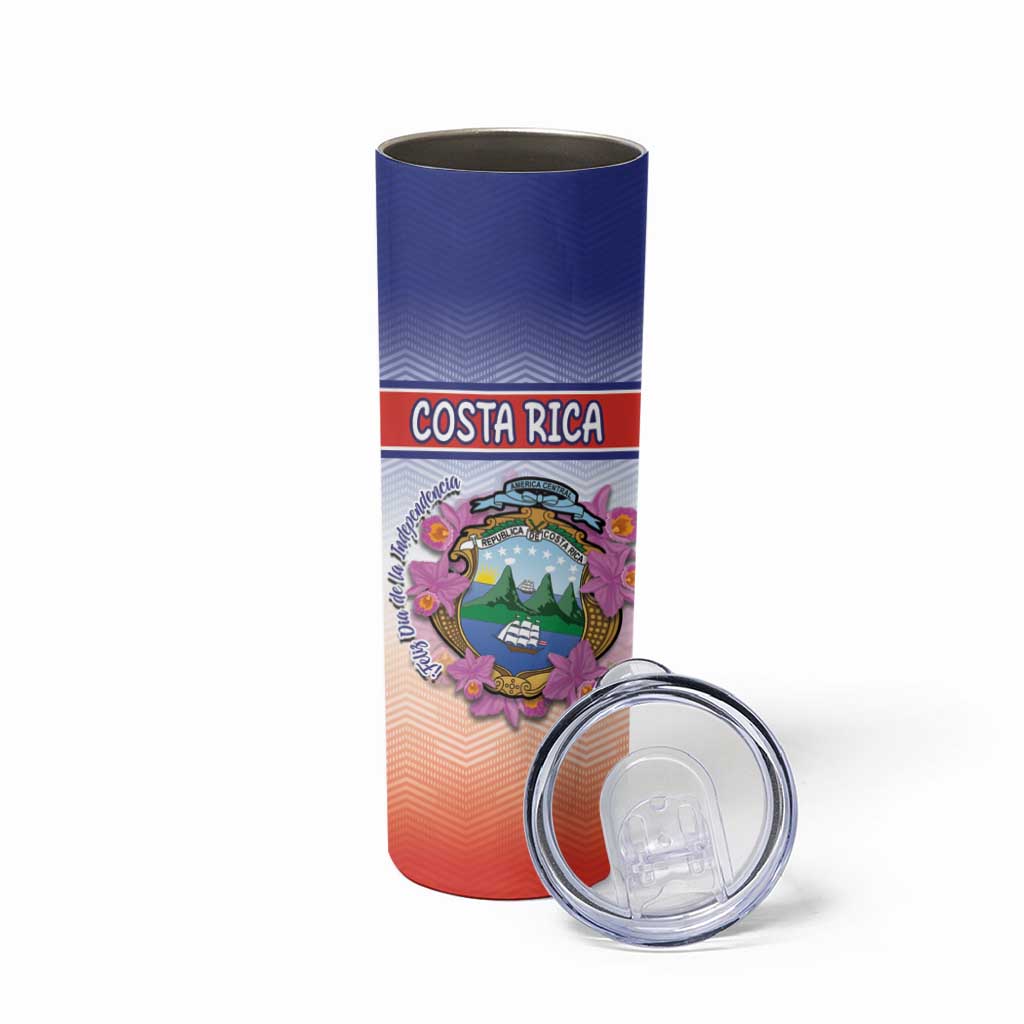 Personalized Costa Rica Independence Day Skinny Tumbler Coat Of Arms With Purple Guaria Morada Orchid - Wonder Print Shop