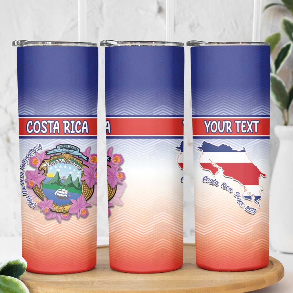 Personalized Costa Rica Independence Day Skinny Tumbler Coat Of Arms With Purple Guaria Morada Orchid - Wonder Print Shop