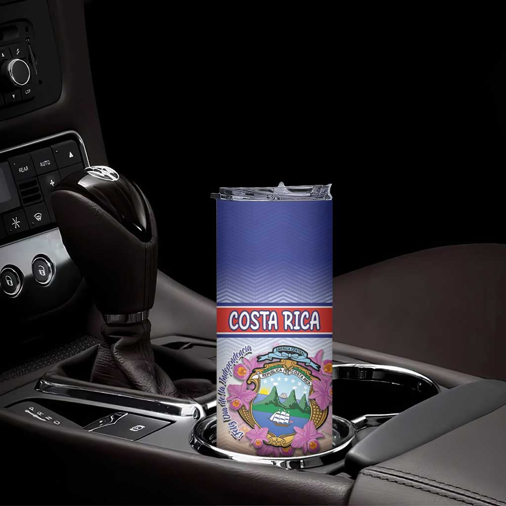Personalized Costa Rica Independence Day Skinny Tumbler Coat Of Arms With Purple Guaria Morada Orchid - Wonder Print Shop