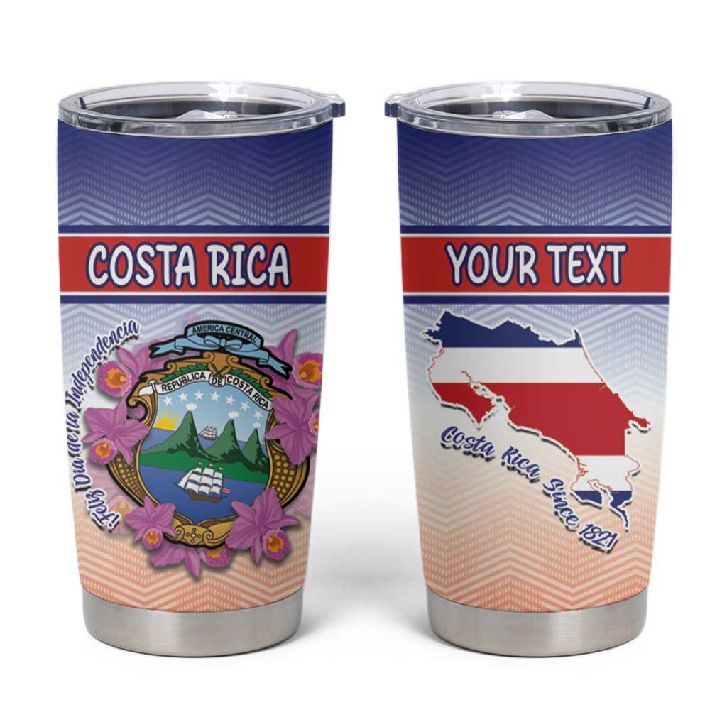 Personalized Costa Rica Independence Day Tumbler Cup Coat Of Arms With Purple Guaria Morada Orchid - Wonder Print Shop