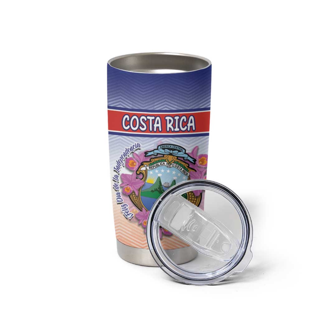 Personalized Costa Rica Independence Day Tumbler Cup Coat Of Arms With Purple Guaria Morada Orchid - Wonder Print Shop