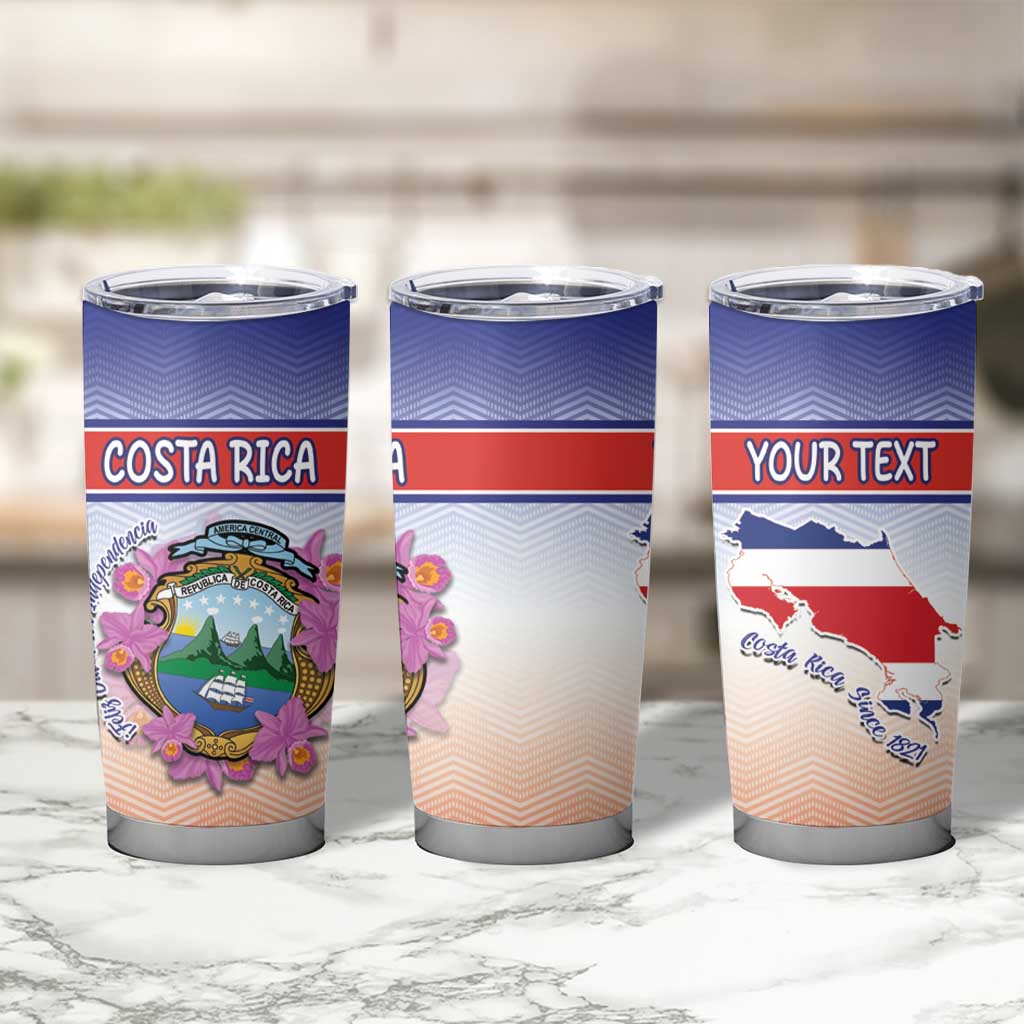 Personalized Costa Rica Independence Day Tumbler Cup Coat Of Arms With Purple Guaria Morada Orchid - Wonder Print Shop