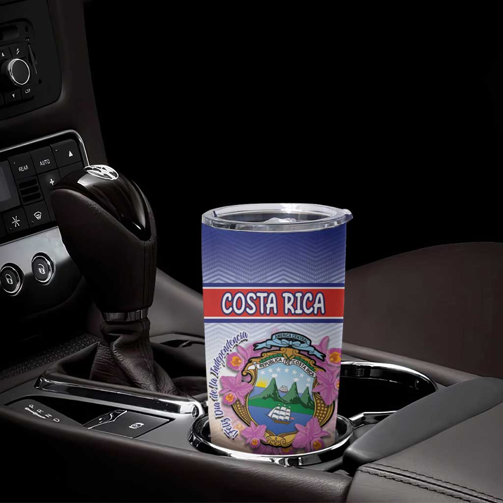 Personalized Costa Rica Independence Day Tumbler Cup Coat Of Arms With Purple Guaria Morada Orchid - Wonder Print Shop