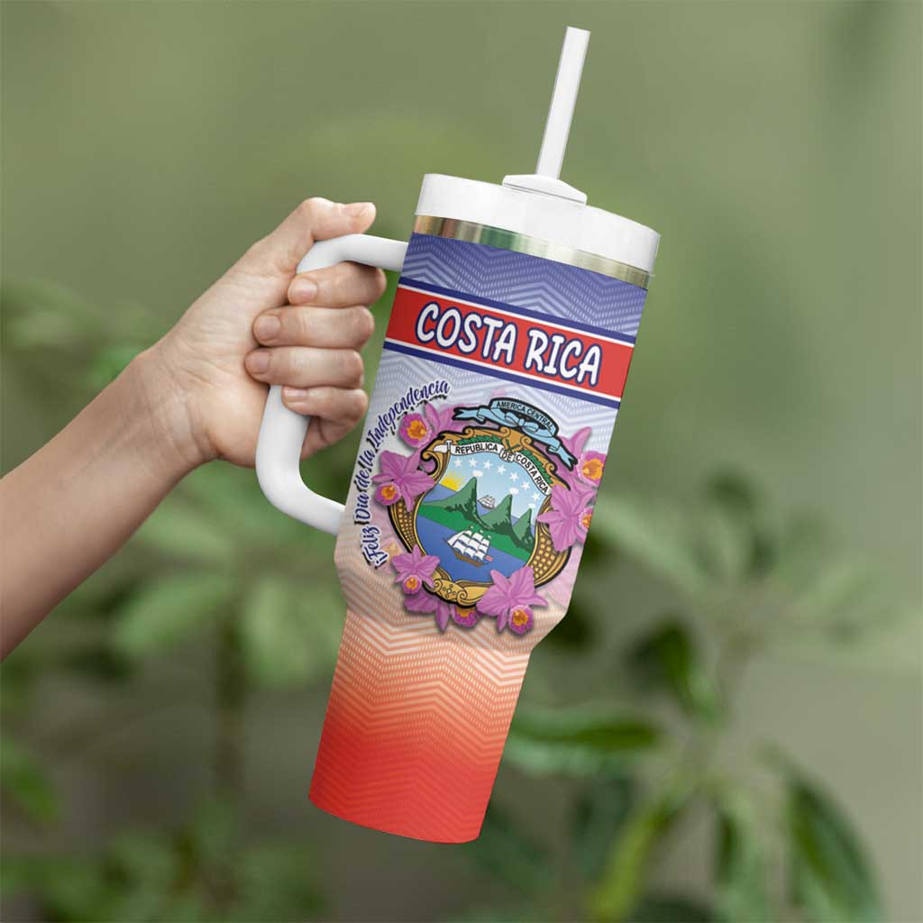 Personalized Costa Rica Independence Day Tumbler With Handle Coat Of Arms With Purple Guaria Morada Orchid - Wonder Print Shop