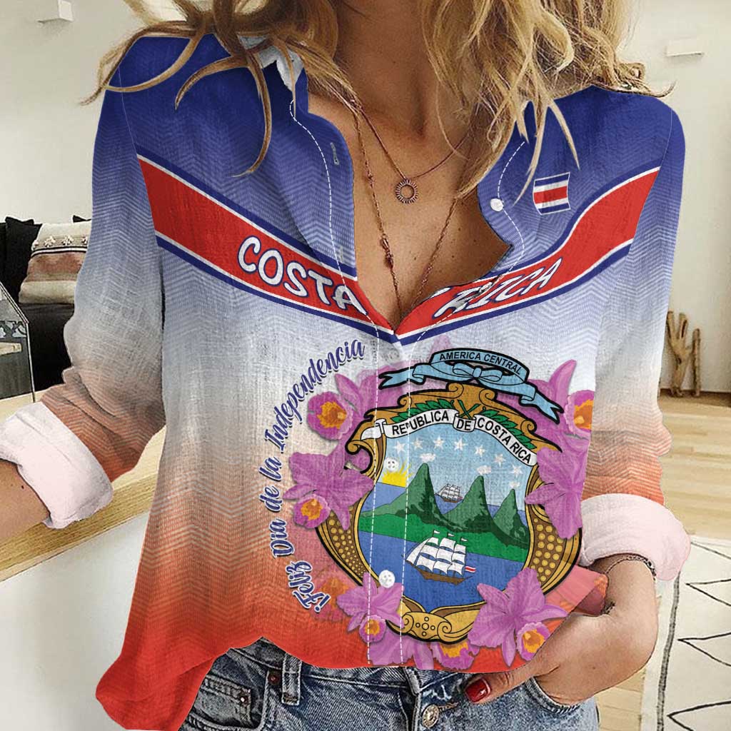 Personalized Costa Rica Independence Day Women Casual Shirt Coat Of Arms With Purple Guaria Morada Orchid - Wonder Print Shop