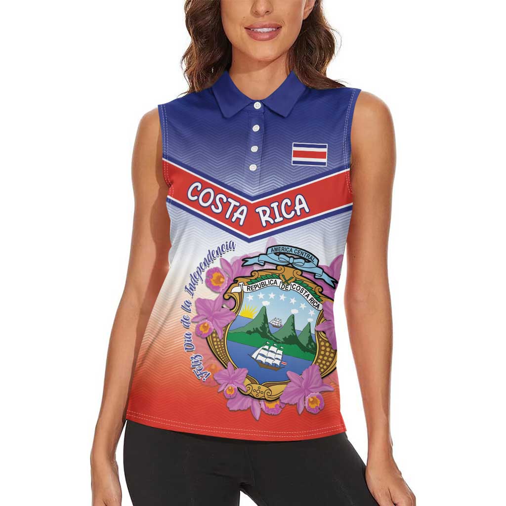 Personalized Costa Rica Independence Day Women Sleeveless Polo Shirt Coat Of Arms With Purple Guaria Morada Orchid - Wonder Print Shop