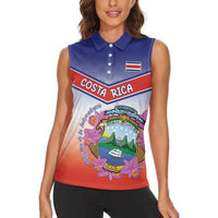 Personalized Costa Rica Independence Day Women Sleeveless Polo Shirt Coat Of Arms With Purple Guaria Morada Orchid - Wonder Print Shop