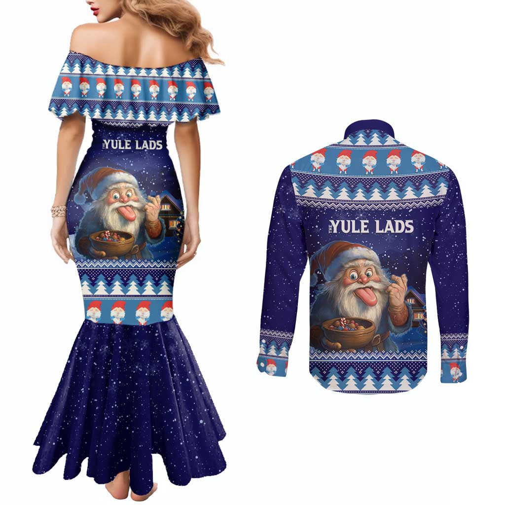 Iceland Christmas Askasleikir Couples Matching Mermaid Dress and Long Sleeve Button Shirt The Yule Lads Bowl Licker