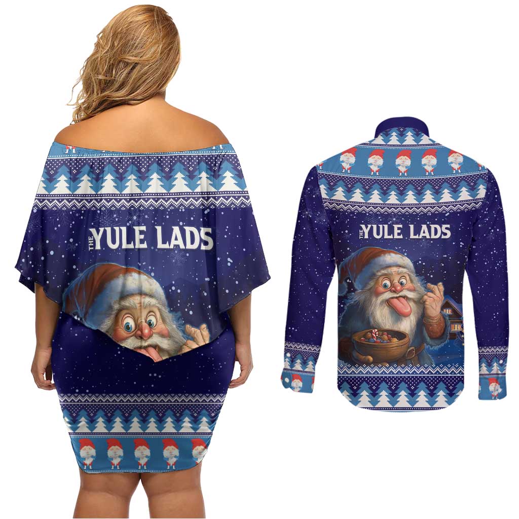 Iceland Christmas Askasleikir Couples Matching Off Shoulder Short Dress and Long Sleeve Button Shirt The Yule Lads Bowl Licker - Wonder Print Shop