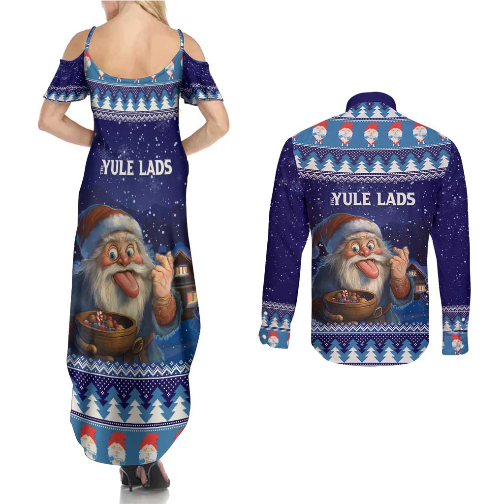 Iceland Christmas Askasleikir Couples Matching Summer Maxi Dress and Long Sleeve Button Shirt The Yule Lads Bowl Licker - Wonder Print Shop