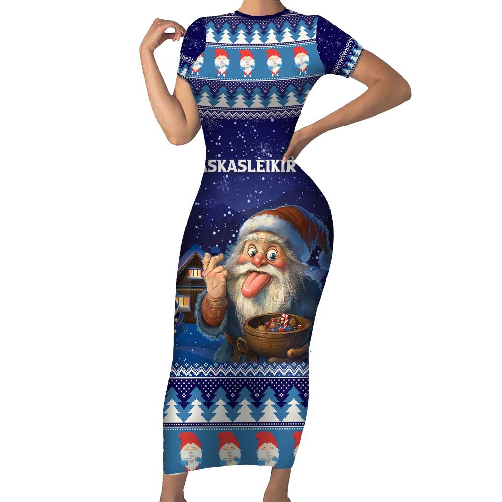 Iceland Christmas Askasleikir Short Sleeve Bodycon Dress The Yule Lads Bowl Licker - Wonder Print Shop