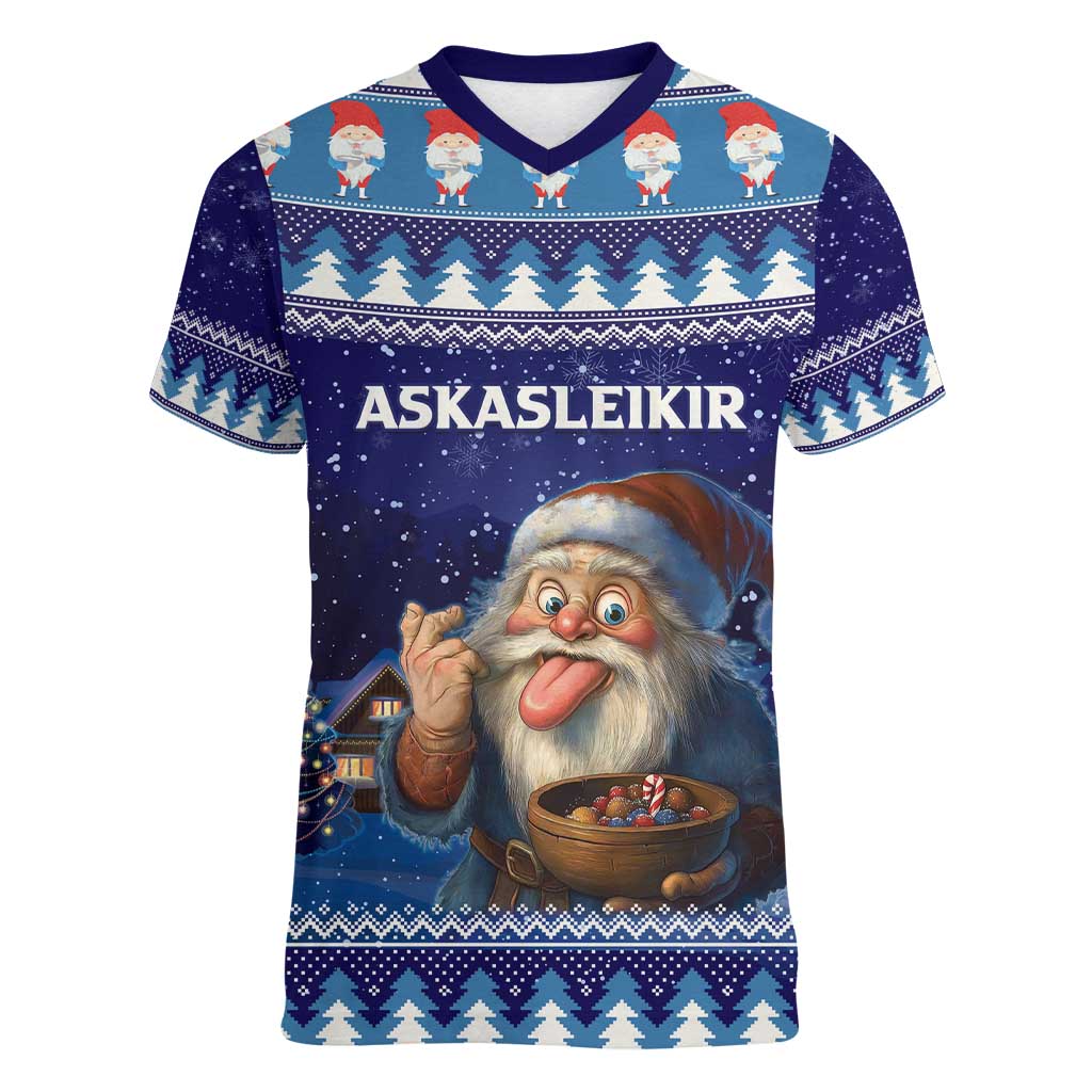 Iceland Christmas Askasleikir Women V-Neck T-Shirt The Yule Lads Bowl Licker - Wonder Print Shop