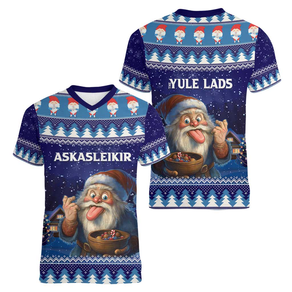 Iceland Christmas Askasleikir Women V-Neck T-Shirt The Yule Lads Bowl Licker - Wonder Print Shop