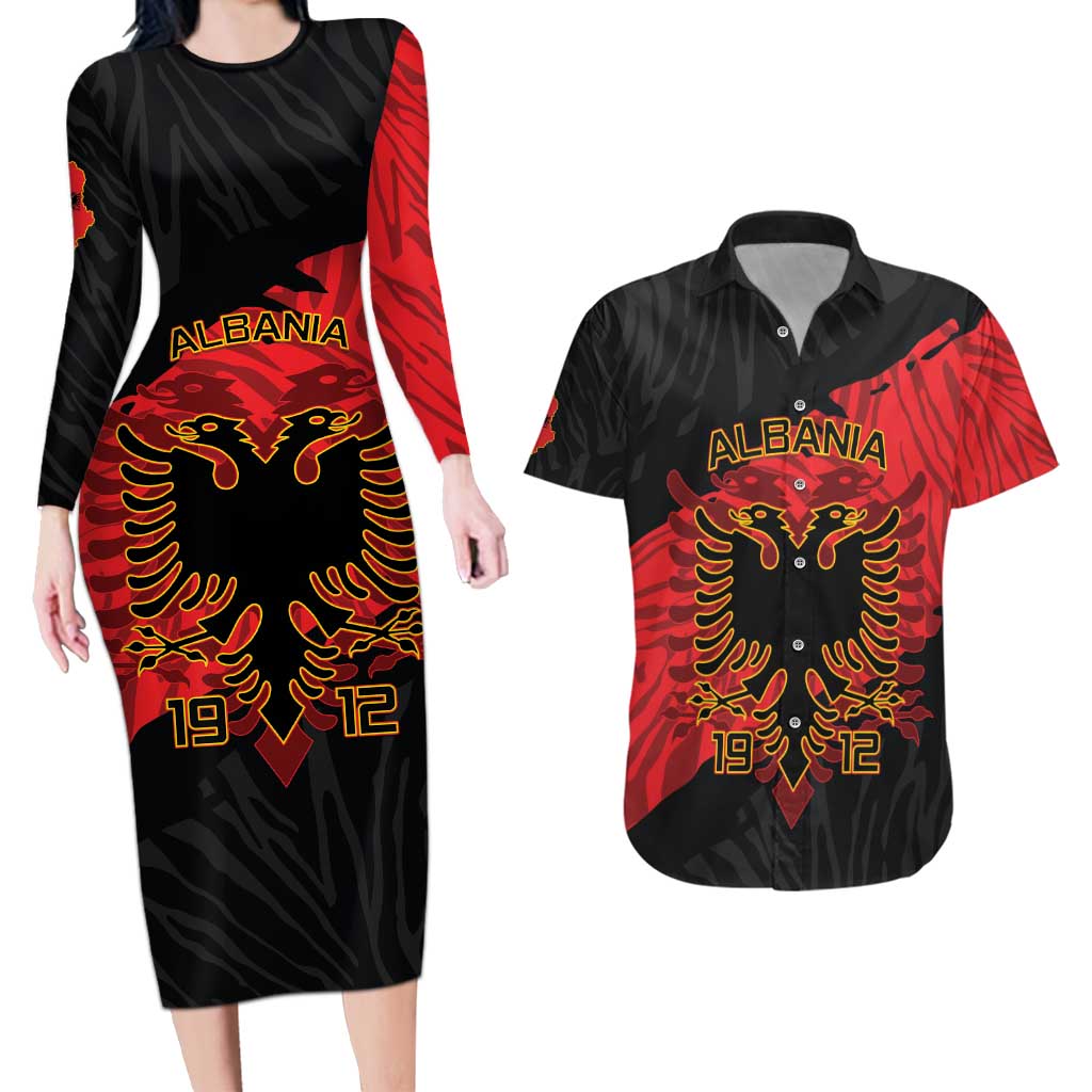 Albania Independence Day Couples Matching Long Sleeve Bodycon Dress and Hawaiian Shirt Albanian Eagle - Grunge Style - Wonder Print Shop