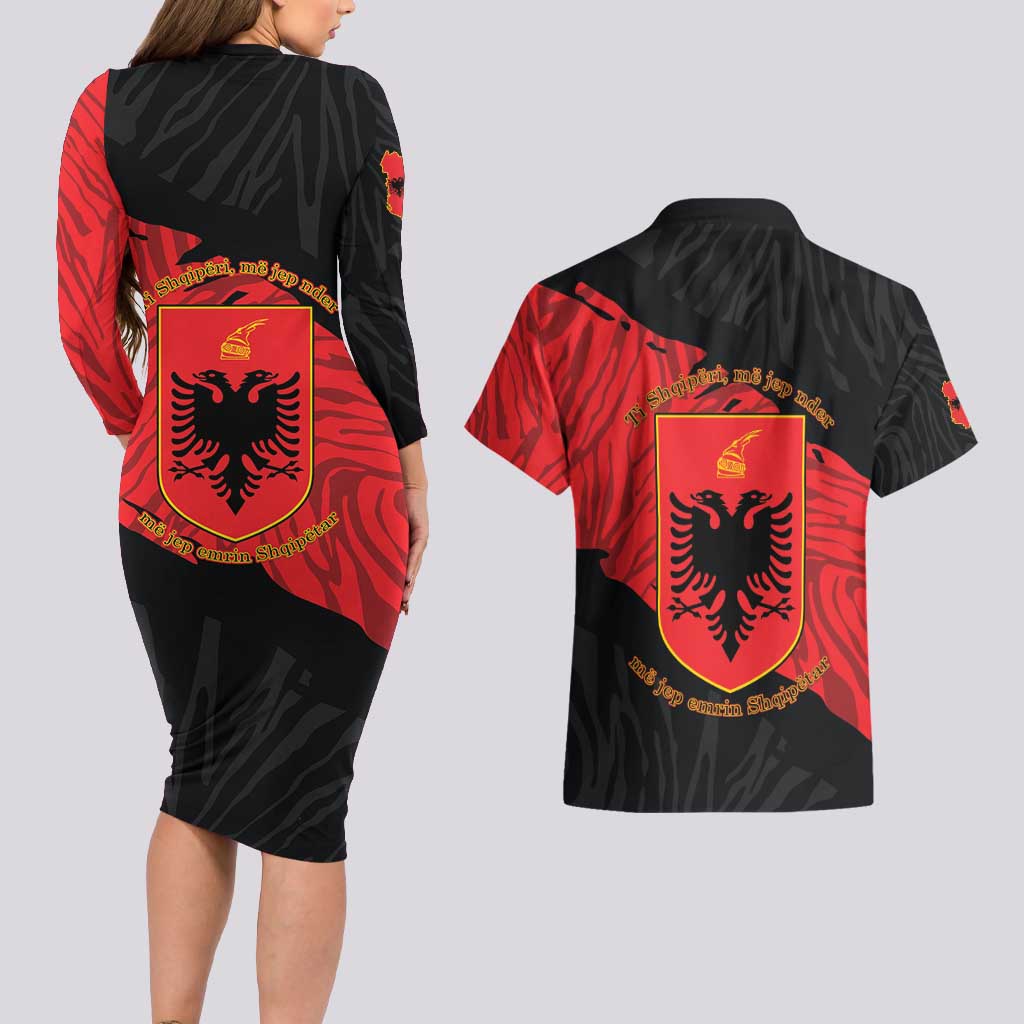 Albania Independence Day Couples Matching Long Sleeve Bodycon Dress and Hawaiian Shirt Albanian Eagle - Grunge Style - Wonder Print Shop