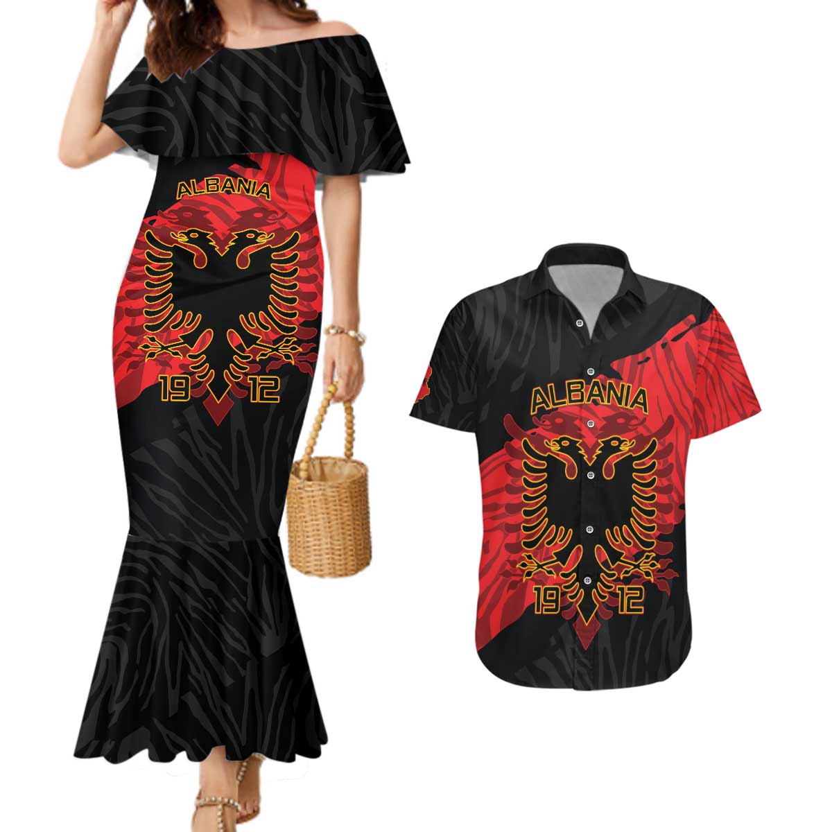 Albania Independence Day Couples Matching Mermaid Dress and Hawaiian Shirt Albanian Eagle - Grunge Style - Wonder Print Shop