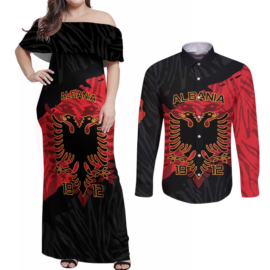 Albania Independence Day Couples Matching Off Shoulder Maxi Dress and Long Sleeve Button Shirt Albanian Eagle - Grunge Style - Wonder Print Shop