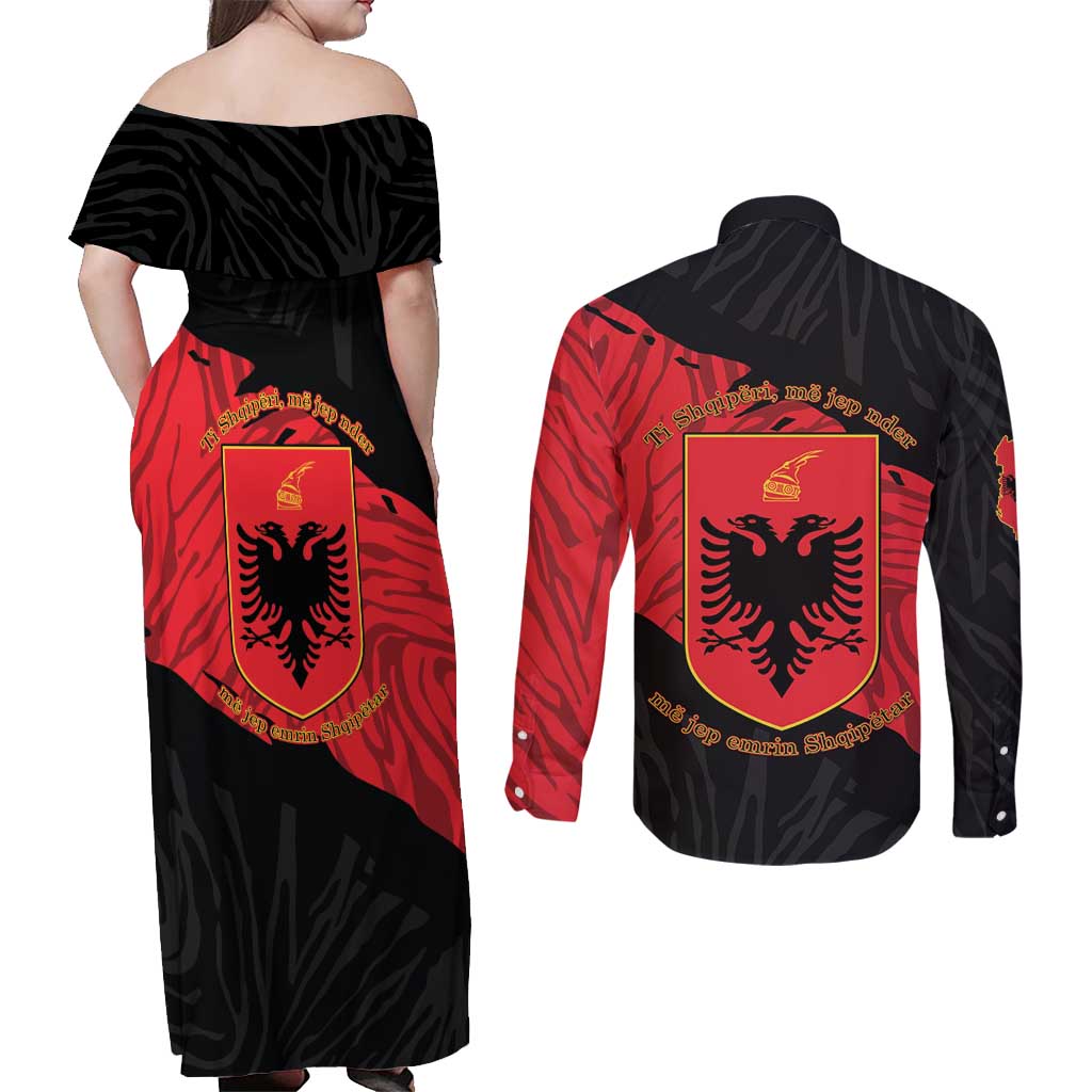 Albania Independence Day Couples Matching Off Shoulder Maxi Dress and Long Sleeve Button Shirt Albanian Eagle - Grunge Style - Wonder Print Shop