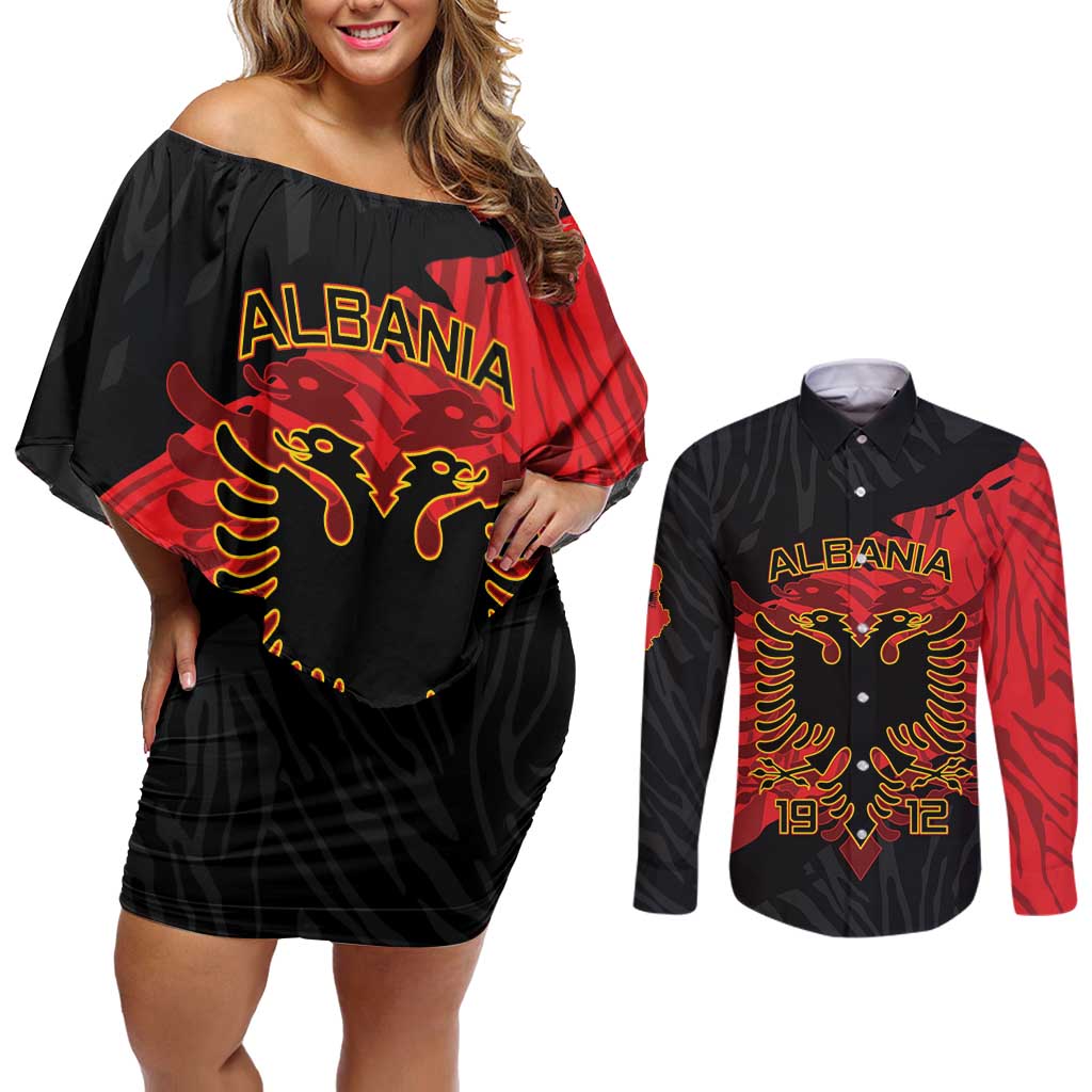 Albania Independence Day Couples Matching Off Shoulder Short Dress and Long Sleeve Button Shirt Albanian Eagle - Grunge Style - Wonder Print Shop