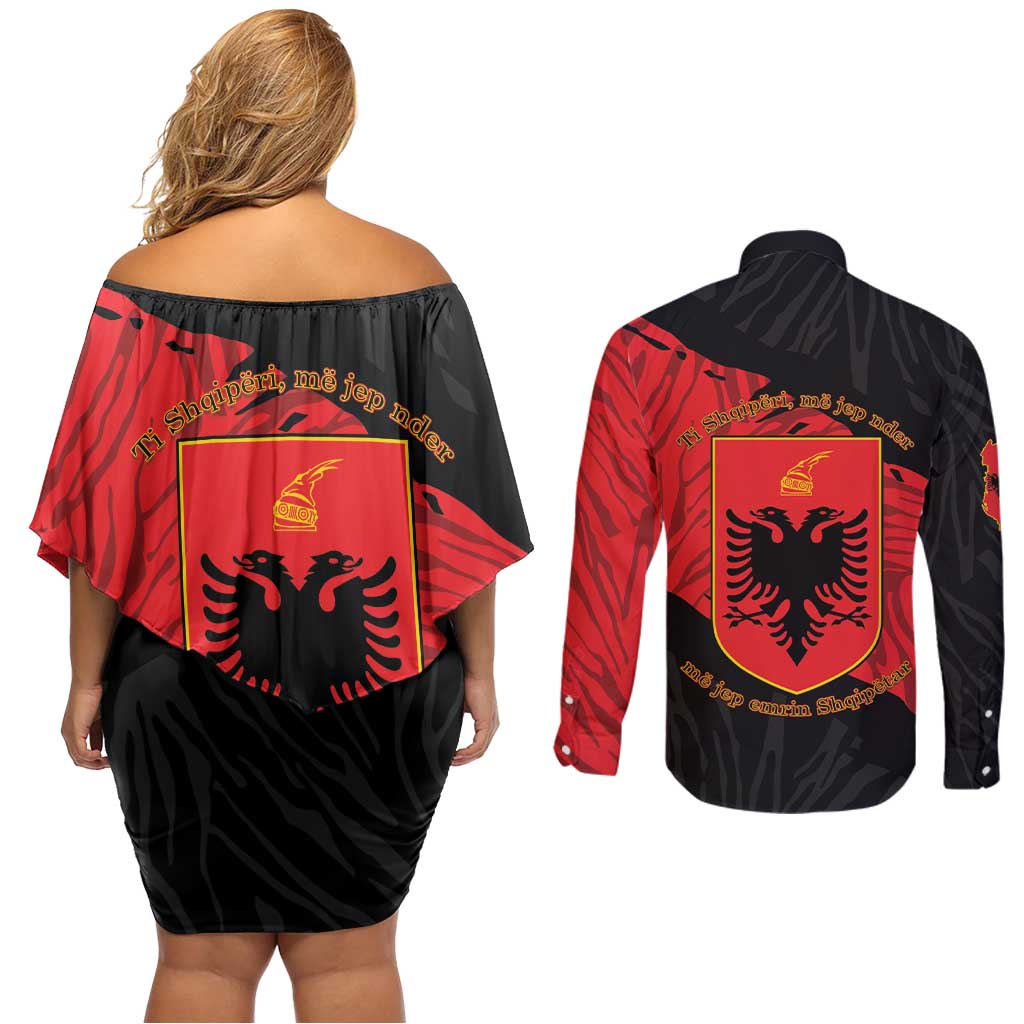 Albania Independence Day Couples Matching Off Shoulder Short Dress and Long Sleeve Button Shirt Albanian Eagle - Grunge Style - Wonder Print Shop