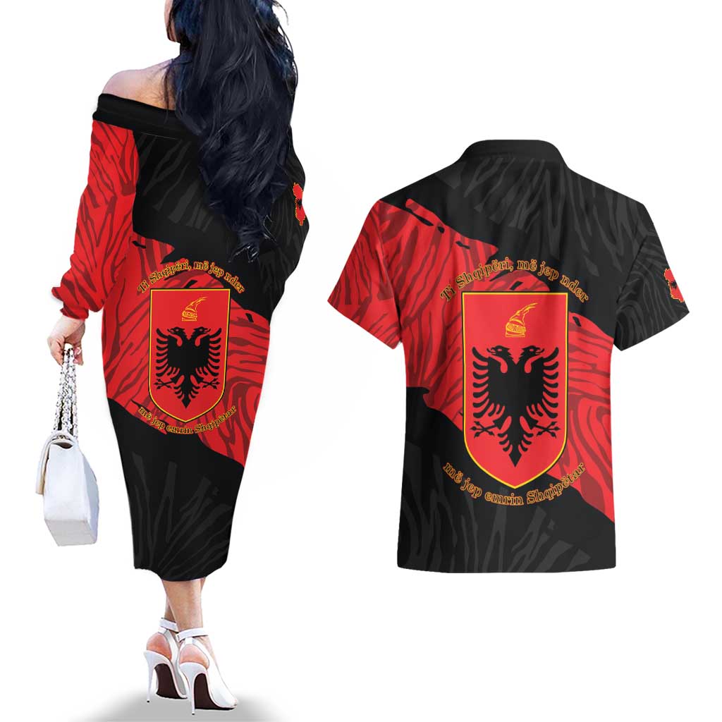 Albania Independence Day Couples Matching Off The Shoulder Long Sleeve Dress and Hawaiian Shirt Albanian Eagle - Grunge Style - Wonder Print Shop